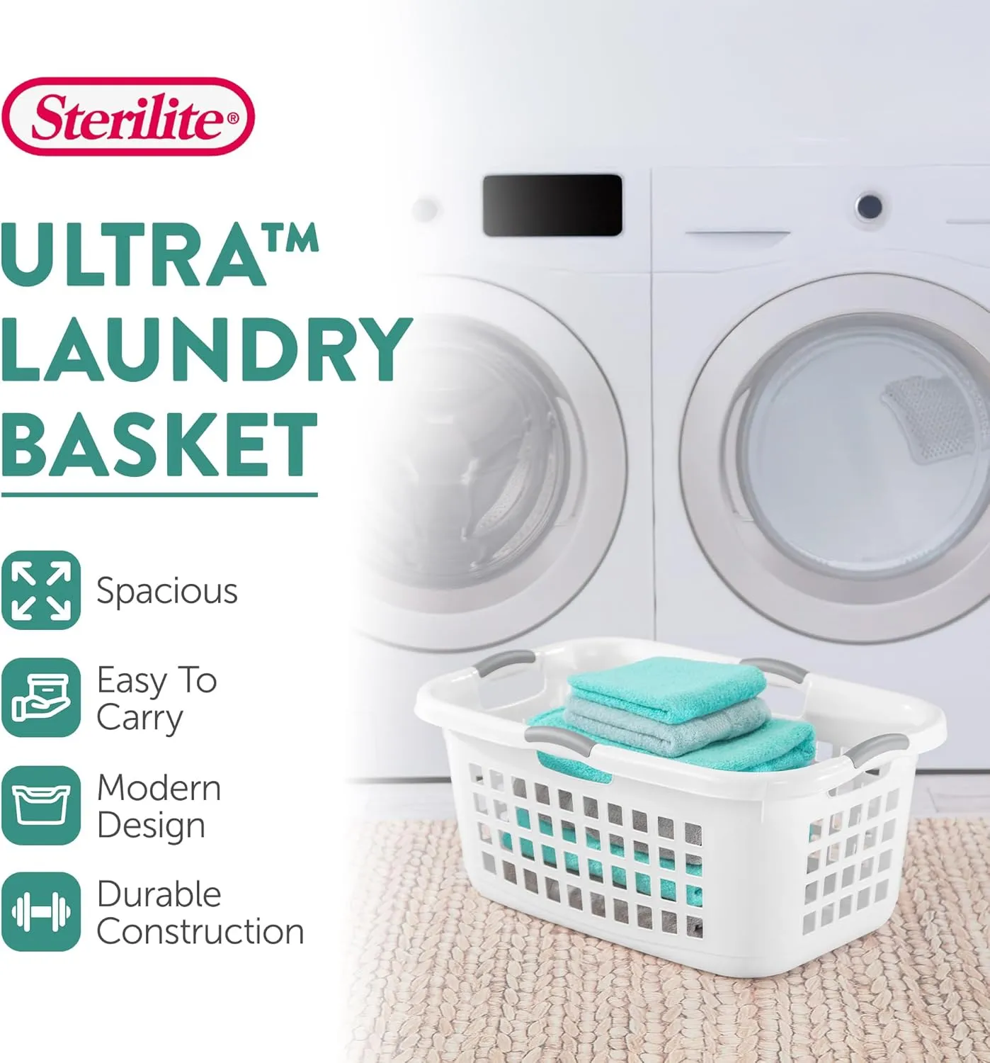 Sterilite 12 Pack Plastic Laundry Basket Clothes Hamper, 2 Bushel, Ultra, White