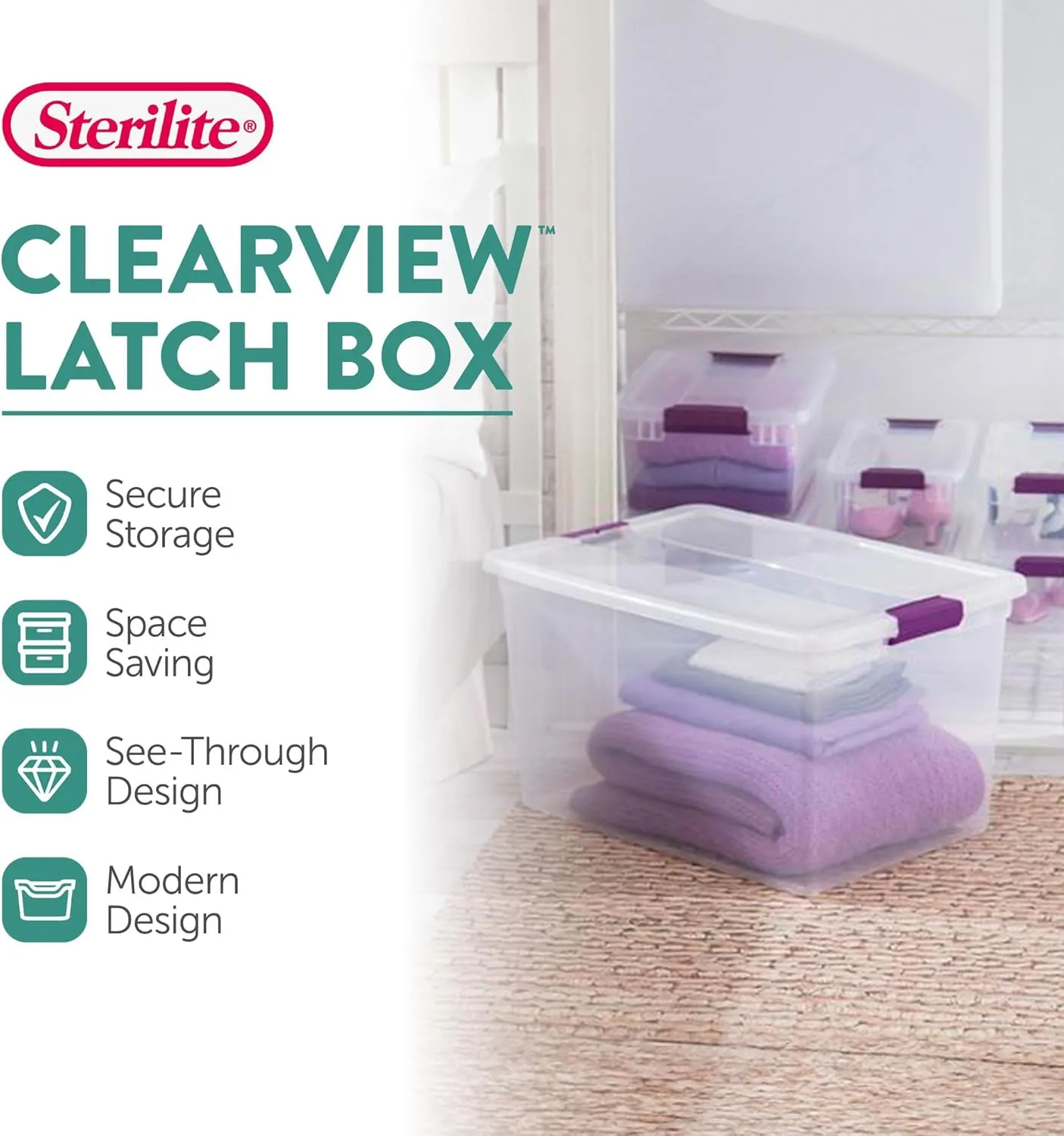 Sterilite 18-Pack Clearview Latch Box, Stackable Storage Organizer Bins for Home, 66 Quart