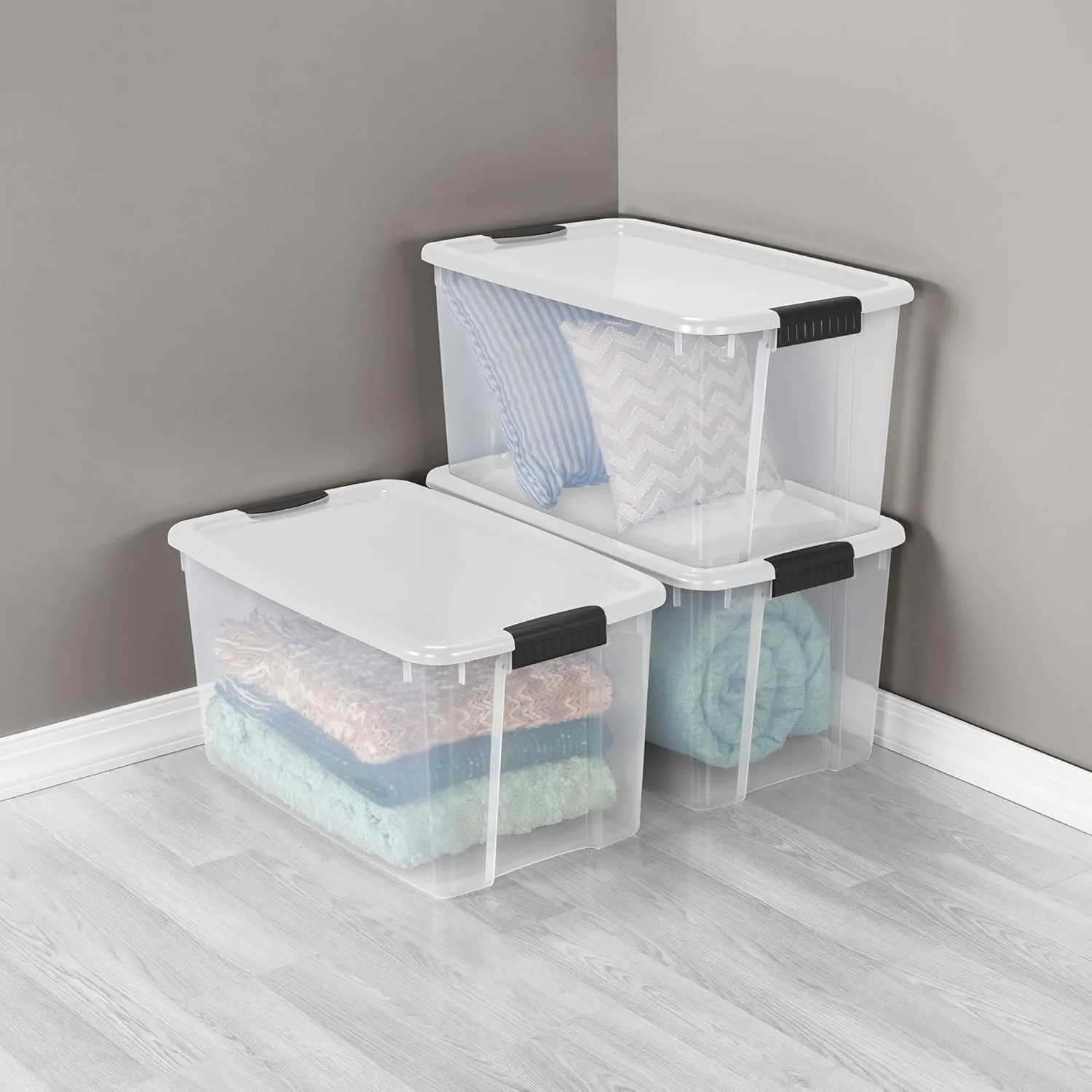 Sterilite 8-Pack Stackable Storage Bin with Lid, Clear Plastic Design, 70 Quart