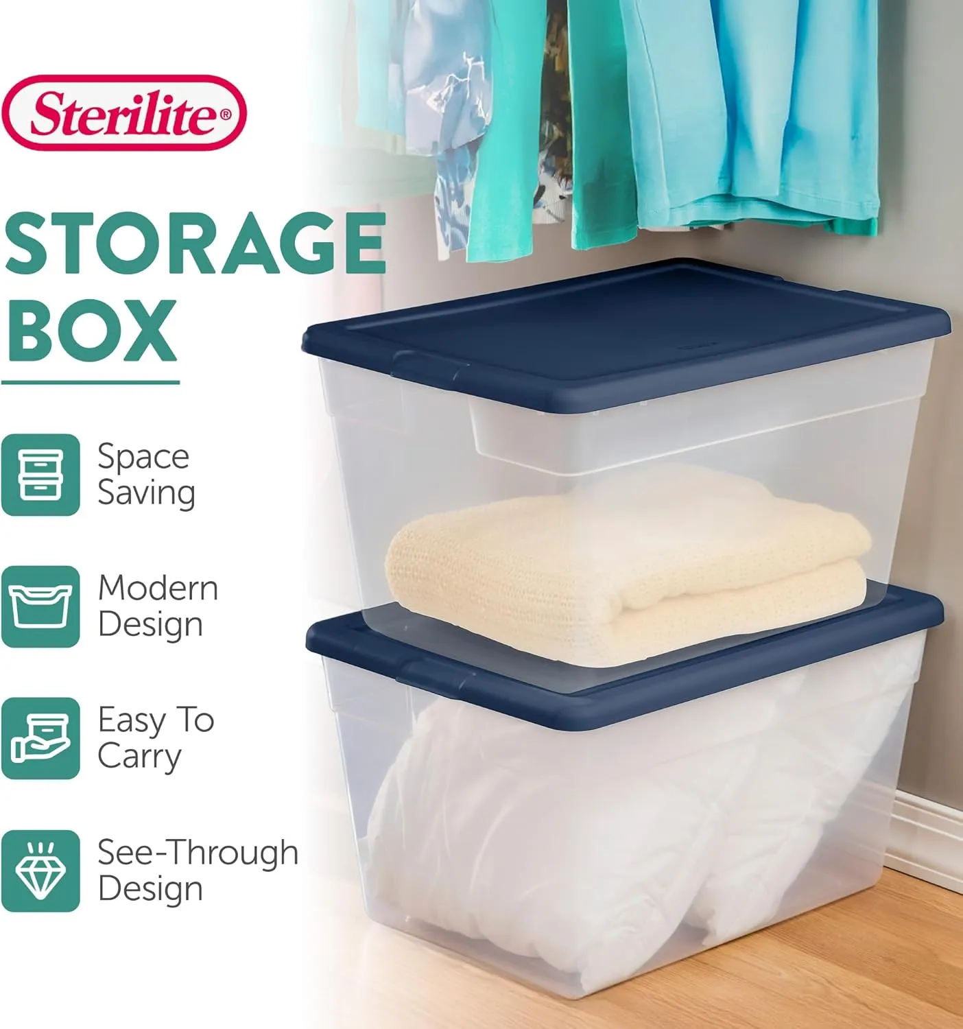Sterilite 8 Pack Storage Boxes, Stackable Plastic Totes with Lids, Marine Blue, 56 Quart