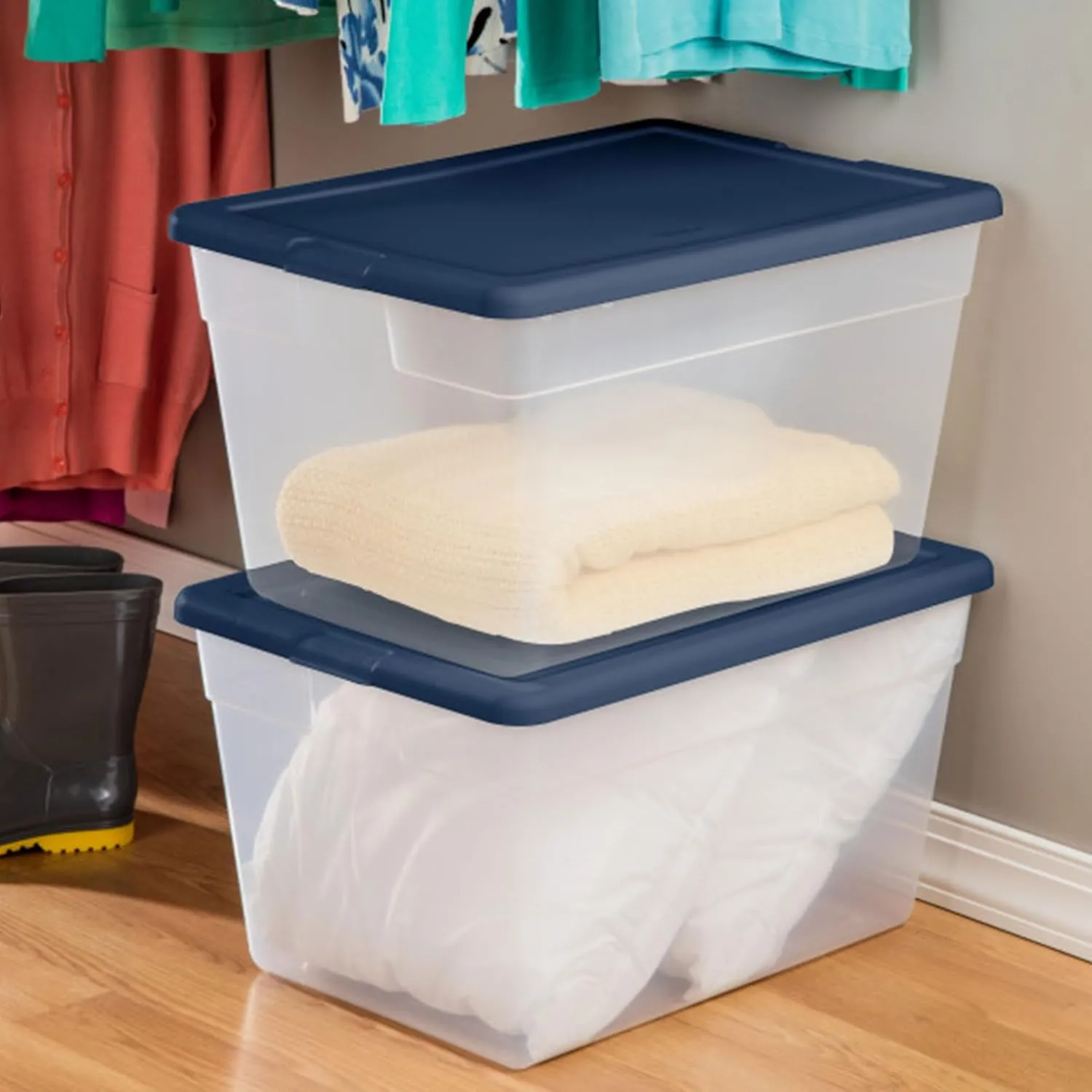 Sterilite 8 Pack Storage Boxes, Stackable Plastic Totes with Lids, Marine Blue, 56 Quart