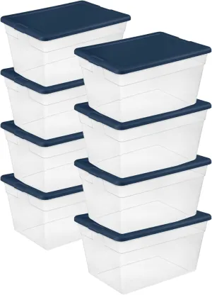 Sterilite 8 Pack Storage Boxes, Stackable Plastic Totes with Lids, Marine Blue, 56 Quart