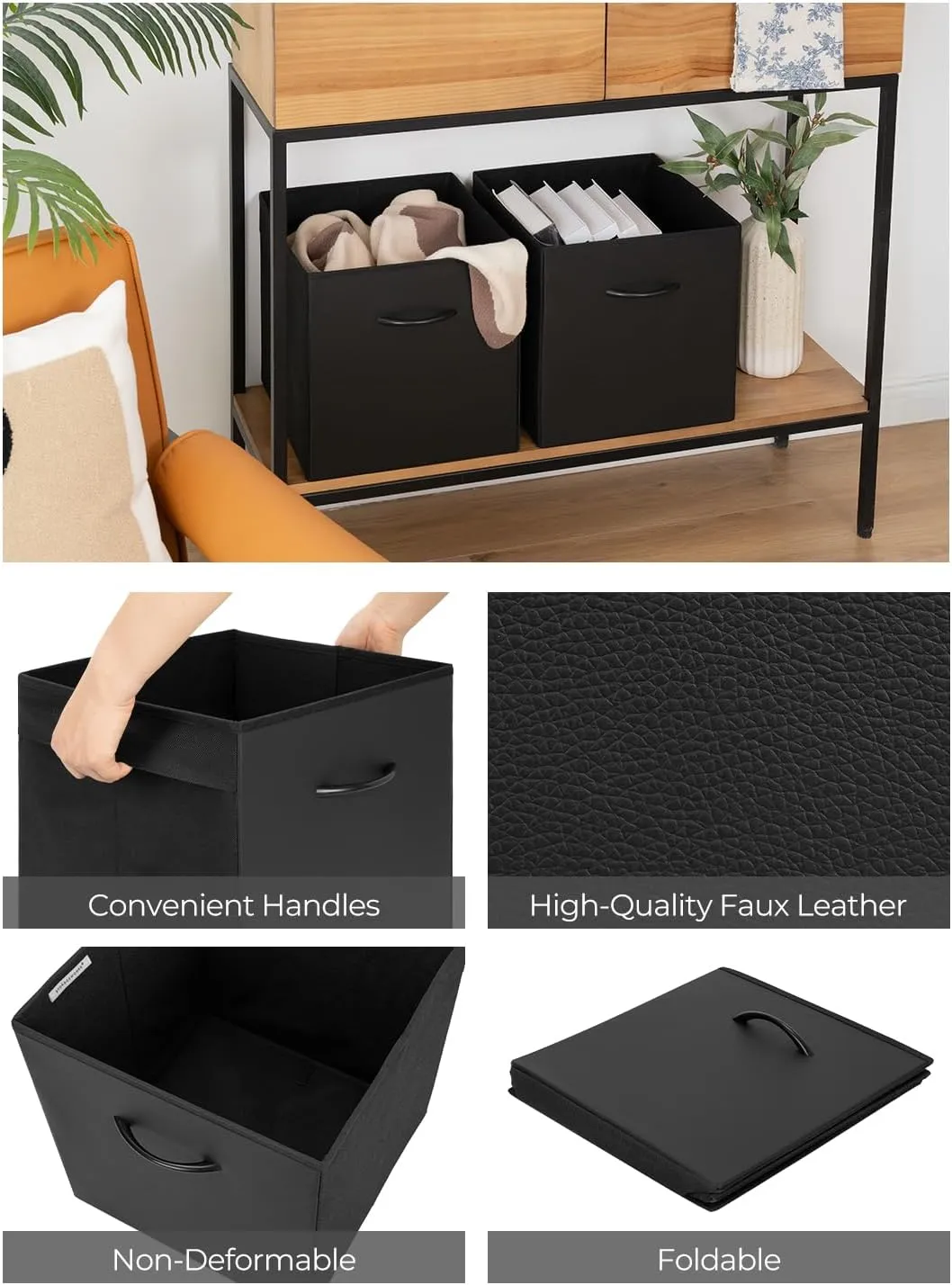 StorageWorks Black Storage Cubes, 13-inch Storage Cubes with Handle, Cube Organizer Baskets for Shelves and Closet, Collapsible Storage Bins, 4-Pack