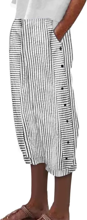 Striped Capri Pants for Women Trendy High Waisted Side Button Linen Capris Summer Dressy Casual Loose Cropped Pants