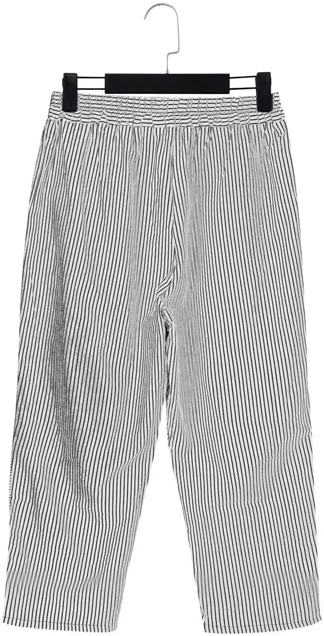 Striped Capri Pants for Women Trendy High Waisted Side Button Linen Capris Summer Dressy Casual Loose Cropped Pants