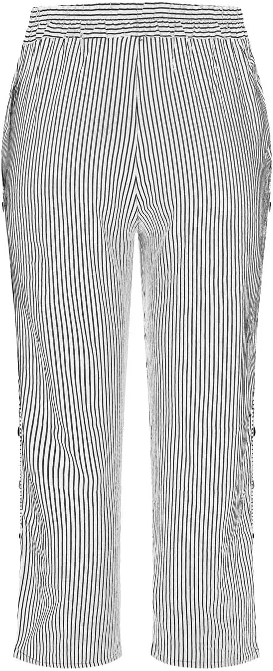Striped Capri Pants for Women Trendy High Waisted Side Button Linen Capris Summer Dressy Casual Loose Cropped Pants