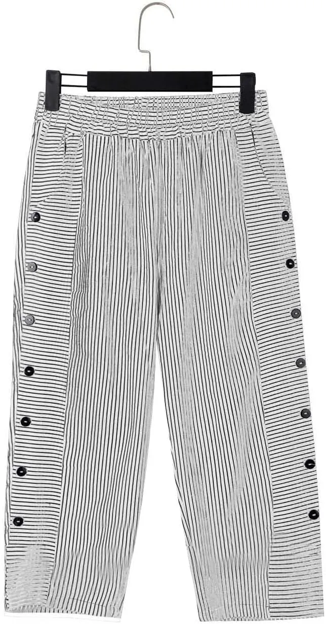 Striped Capri Pants for Women Trendy High Waisted Side Button Linen Capris Summer Dressy Casual Loose Cropped Pants
