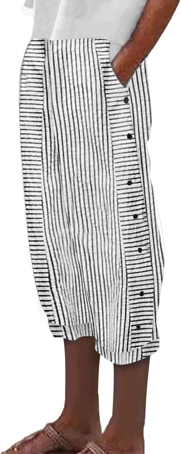 Striped Capri Pants for Women Trendy High Waisted Side Button Linen Capris Summer Dressy Casual Loose Cropped Pants