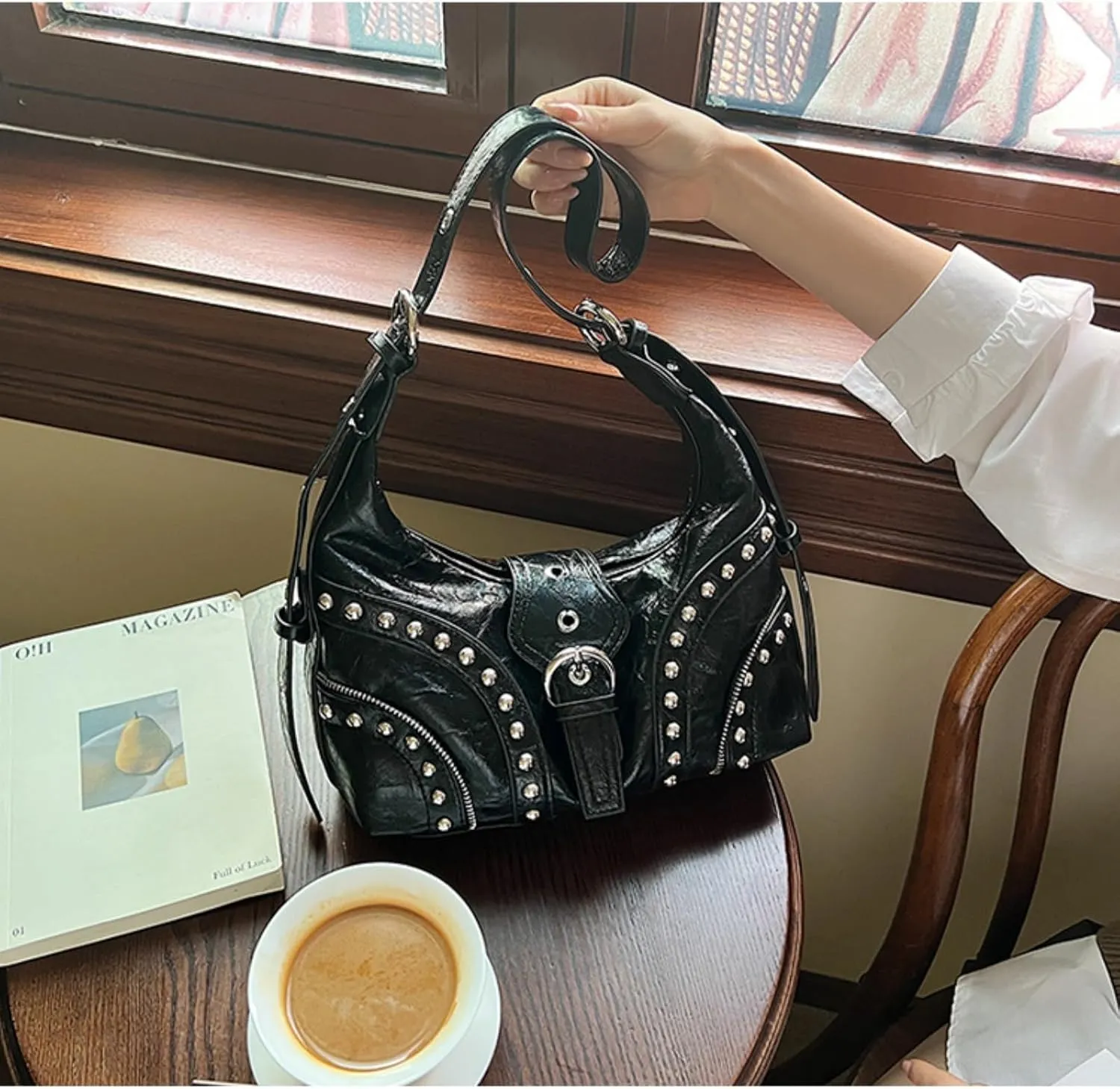 Studded Shoulder Bags Grunge Purse for Women Faux Leather Hobo Purse Y2k Dumpling Bag Summer 2000s Streetwear