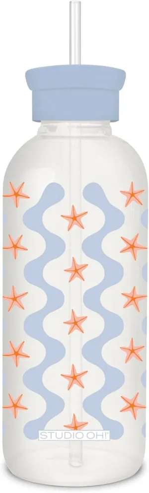 Studio Oh! New Glass Water Bottle with Straw 25oz, Reusable Cute Glass Bottle Eco Friendly, Shatter-Resistant, Aesthetic Waterbottle with Silicone Coating, Riding The Waves Design