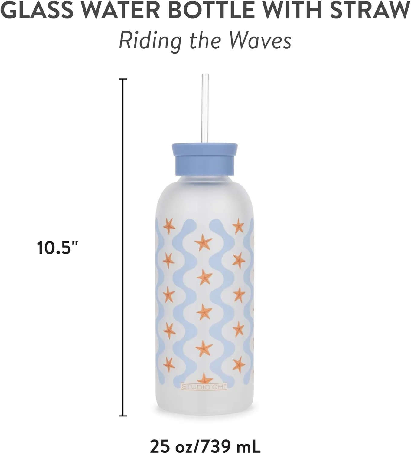 Studio Oh! New Glass Water Bottle with Straw 25oz, Reusable Cute Glass Bottle Eco Friendly, Shatter-Resistant, Aesthetic Waterbottle with Silicone Coating, Riding The Waves Design