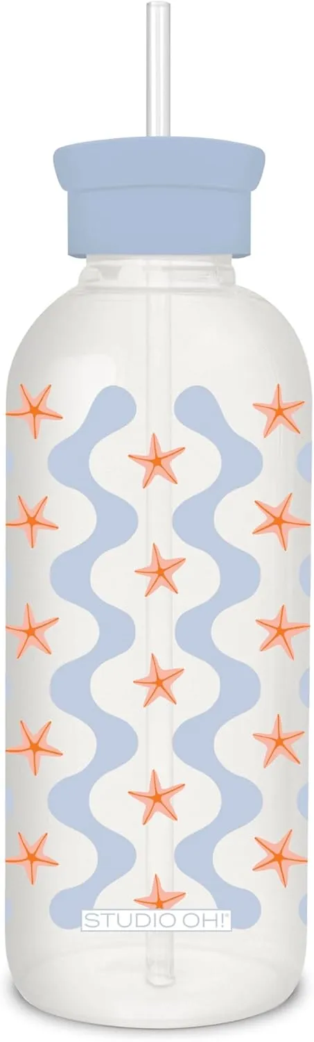 Studio Oh! New Glass Water Bottle with Straw 25oz, Reusable Cute Glass Bottle Eco Friendly, Shatter-Resistant, Aesthetic Waterbottle with Silicone Coating, Riding The Waves Design