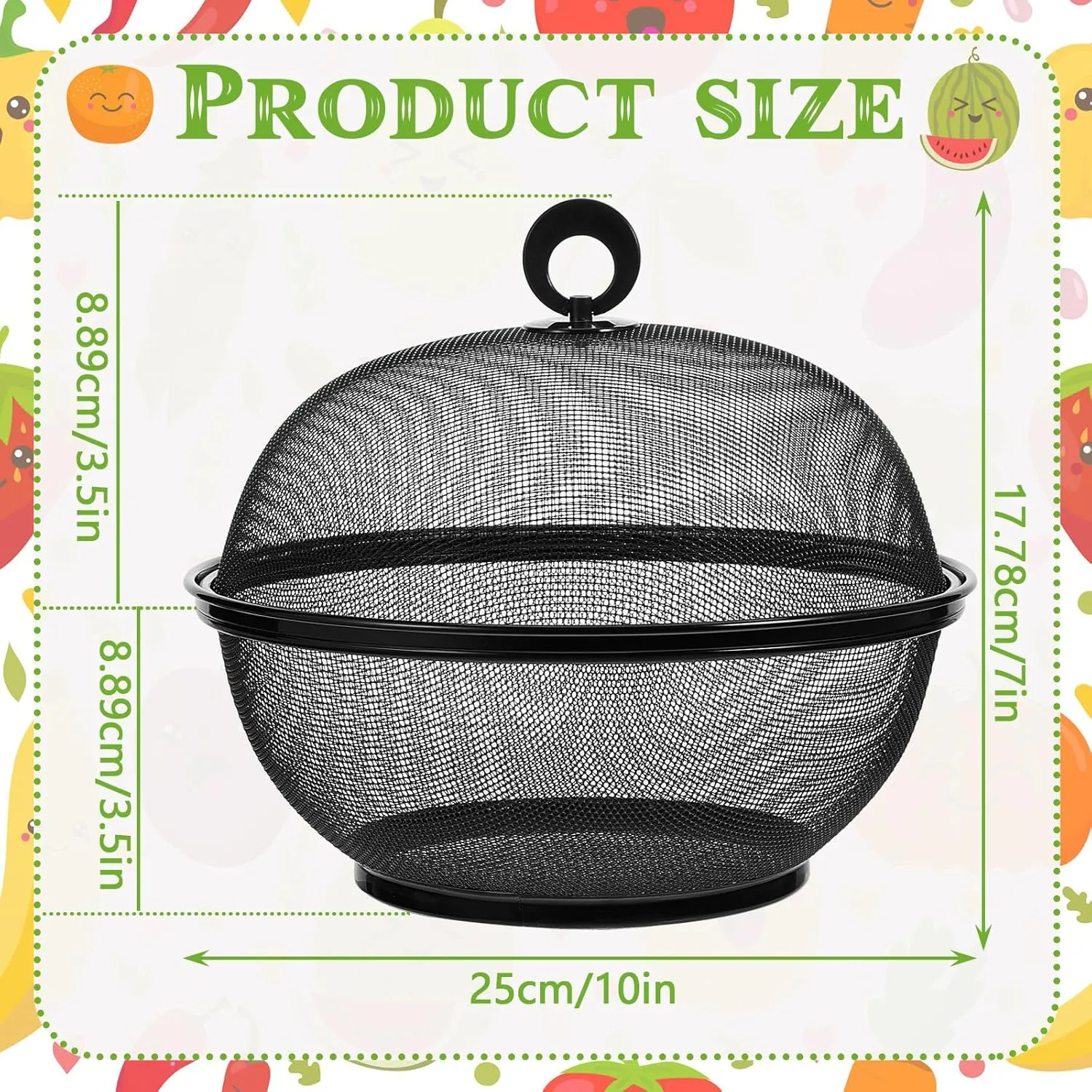 Suclain 4 Pcs Mesh Food Covers with Lid Fruit Basket with Lid, Food Bowls Fly Proof Tents for Kitchen, Restaurants, and Outdoor 10 Inches Ideal for Fruit, Vegetable Storage and Housewarming(Black)