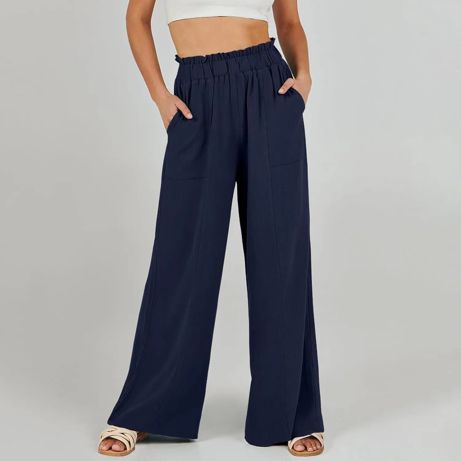 Summer Pants for Women 2025 Vacation Elastic High Waisted Paper Bag Linen Pants Trendy Travel Vacation Trouser with Pockets
