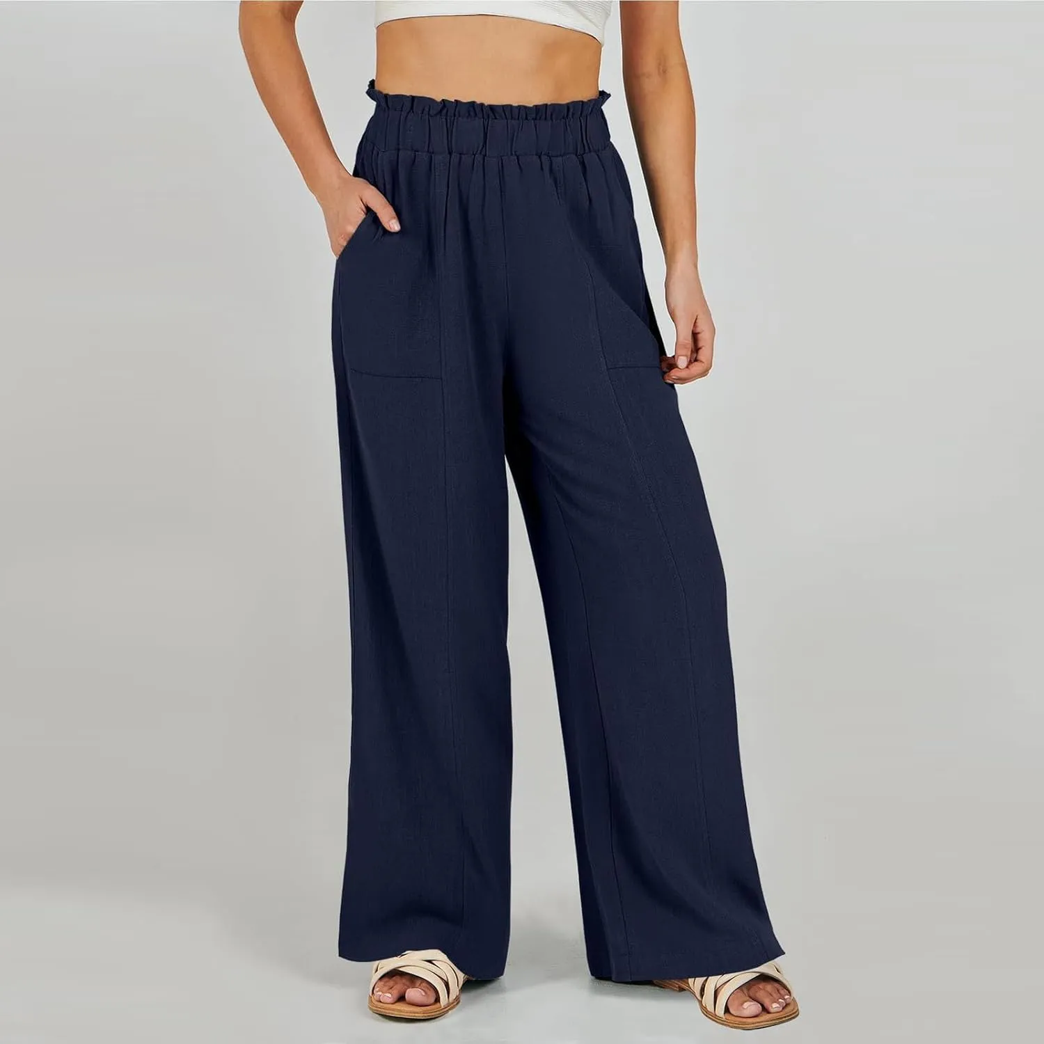 Summer Pants for Women 2025 Vacation Elastic High Waisted Paper Bag Linen Pants Trendy Travel Vacation Trouser with Pockets