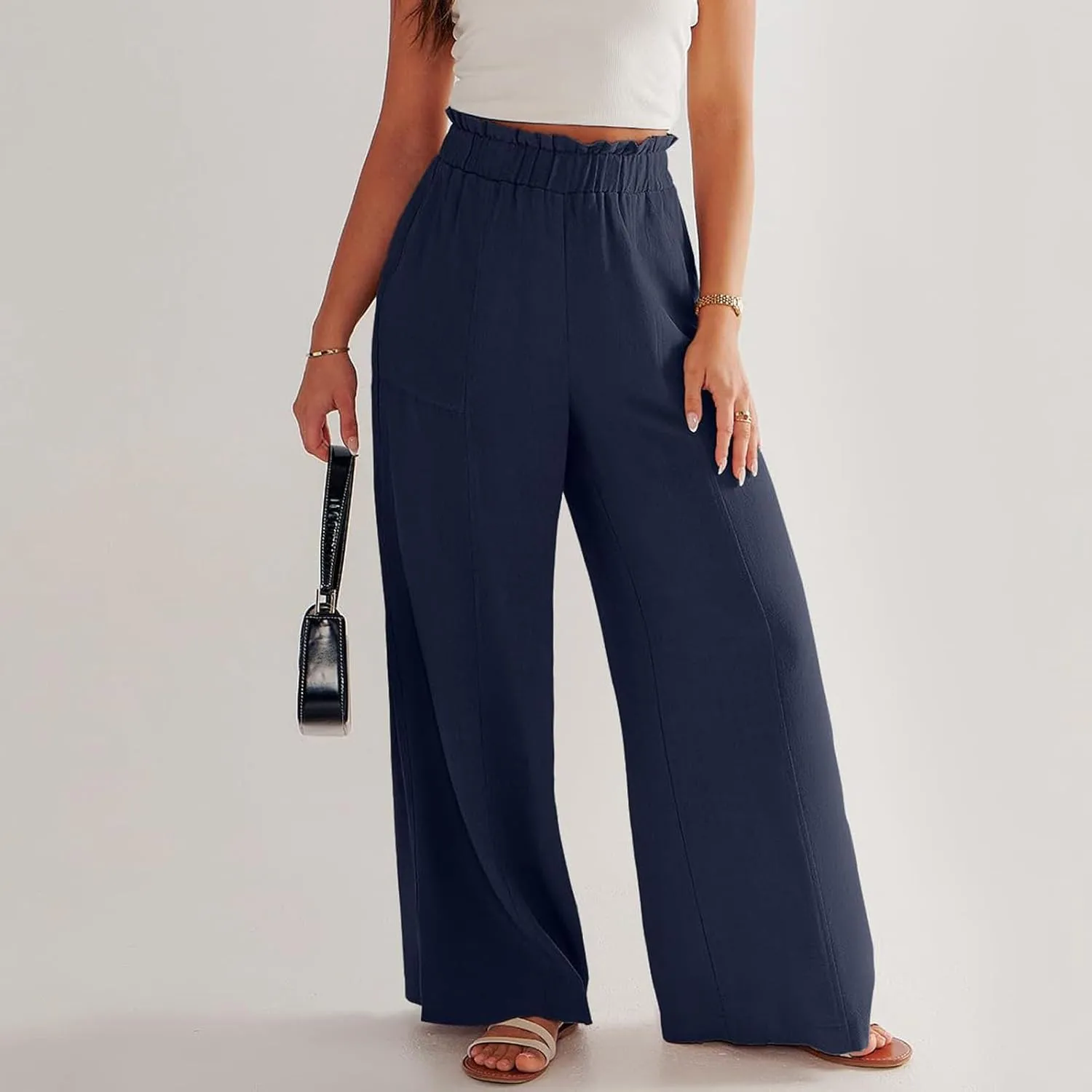 Summer Pants for Women 2025 Vacation Elastic High Waisted Paper Bag Linen Pants Trendy Travel Vacation Trouser with Pockets