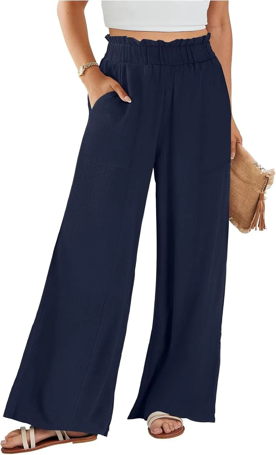 Summer Pants for Women 2025 Vacation Elastic High Waisted Paper Bag Linen Pants Trendy Travel Vacation Trouser with Pockets