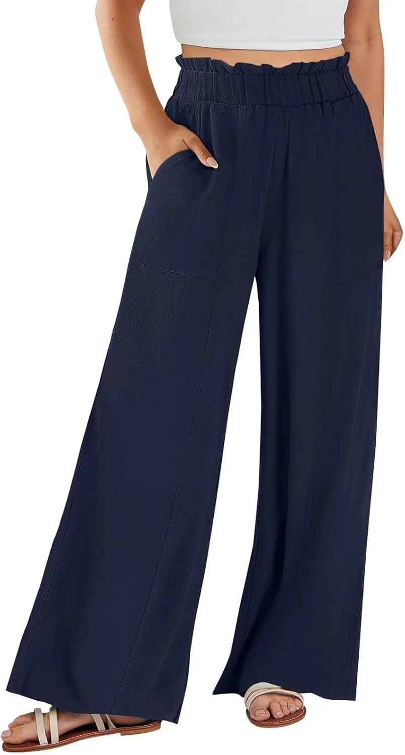 Summer Pants for Women 2025 Vacation Elastic High Waisted Paper Bag Linen Pants Trendy Travel Vacation Trouser with Pockets