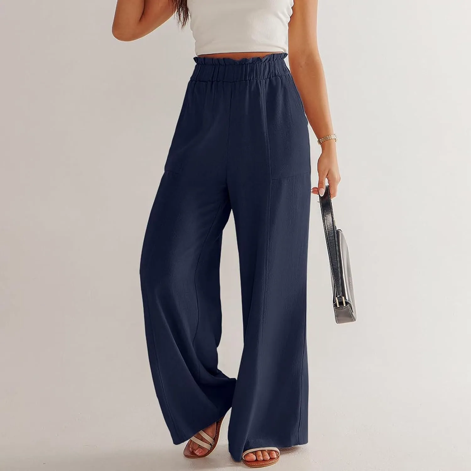 Summer Pants for Women 2025 Vacation Elastic High Waisted Paper Bag Linen Pants Trendy Travel Vacation Trouser with Pockets