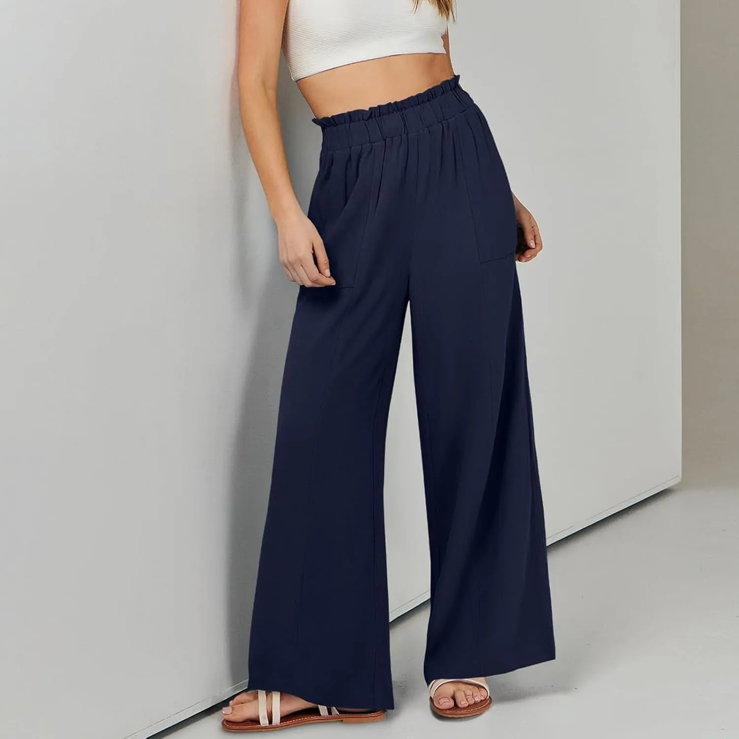 Summer Pants for Women 2025 Vacation Elastic High Waisted Paper Bag Linen Pants Trendy Travel Vacation Trouser with Pockets