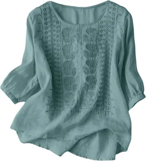 Summer Tops for Women 2025 Trendy V Neck Roll Up 3/4 Sleeve Lapel Blouse Tops Blouses Summer Plus Size Linen