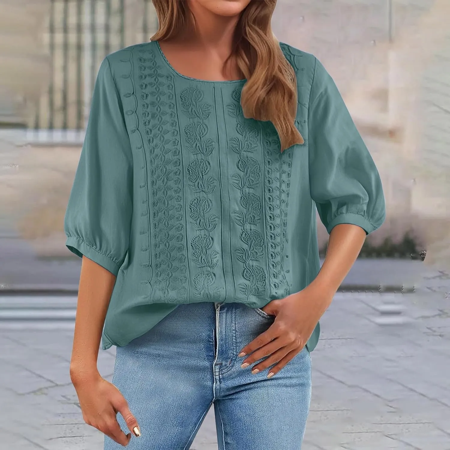 Summer Tops for Women 2025 Trendy V Neck Roll Up 3/4 Sleeve Lapel Blouse Tops Blouses Summer Plus Size Linen