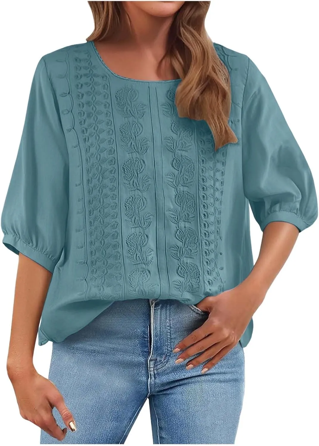 Summer Tops for Women 2025 Trendy V Neck Roll Up 3/4 Sleeve Lapel Blouse Tops Blouses Summer Plus Size Linen