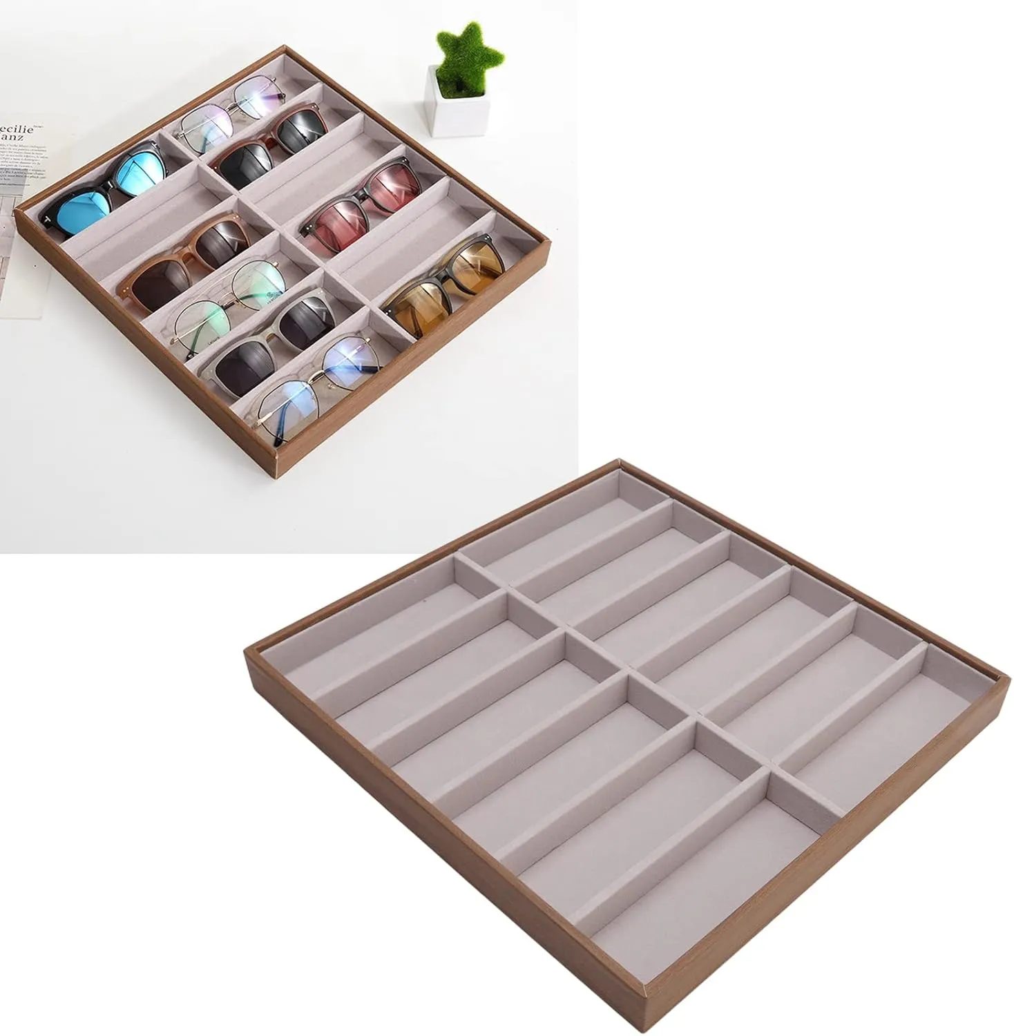 Sunglasses Organizer Storage Tray, Large PU Wood Grain Sunglasses Storage Case, Stackable Eyewear Watch Holder Display Velvet Jewelry Tray for Women Men[12 Grids]