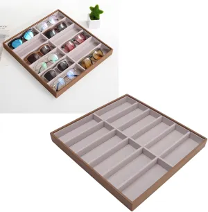 Sunglasses Organizer Storage Tray, Large PU Wood Grain Sunglasses Storage Case, Stackable Eyewear Watch Holder Display Velvet Jewelry Tray for Women Men[12 Grids]