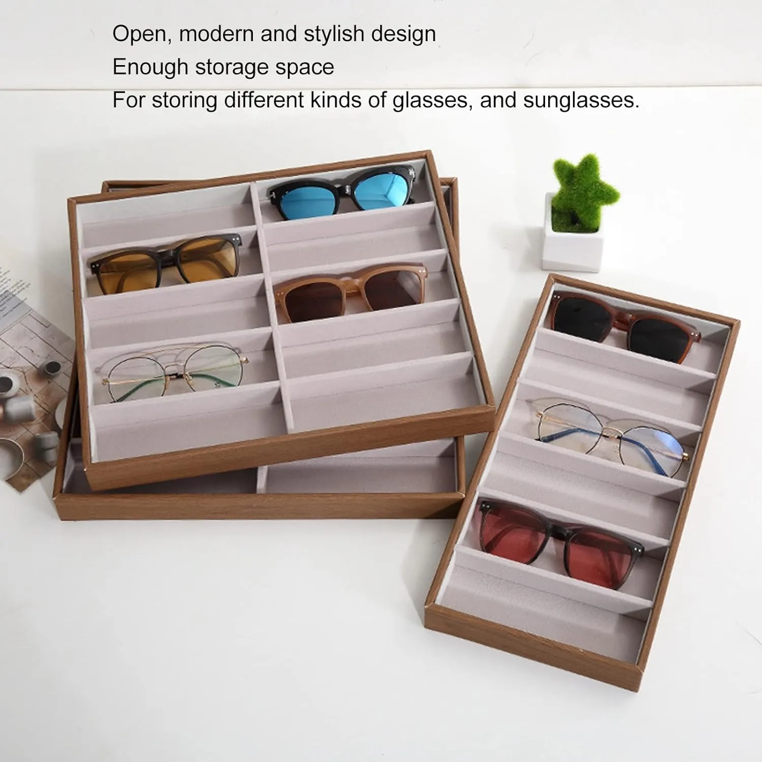 Sunglasses Organizer Storage Tray, Large PU Wood Grain Sunglasses Storage Case, Stackable Eyewear Watch Holder Display Velvet Jewelry Tray for Women Men[12 Grids]