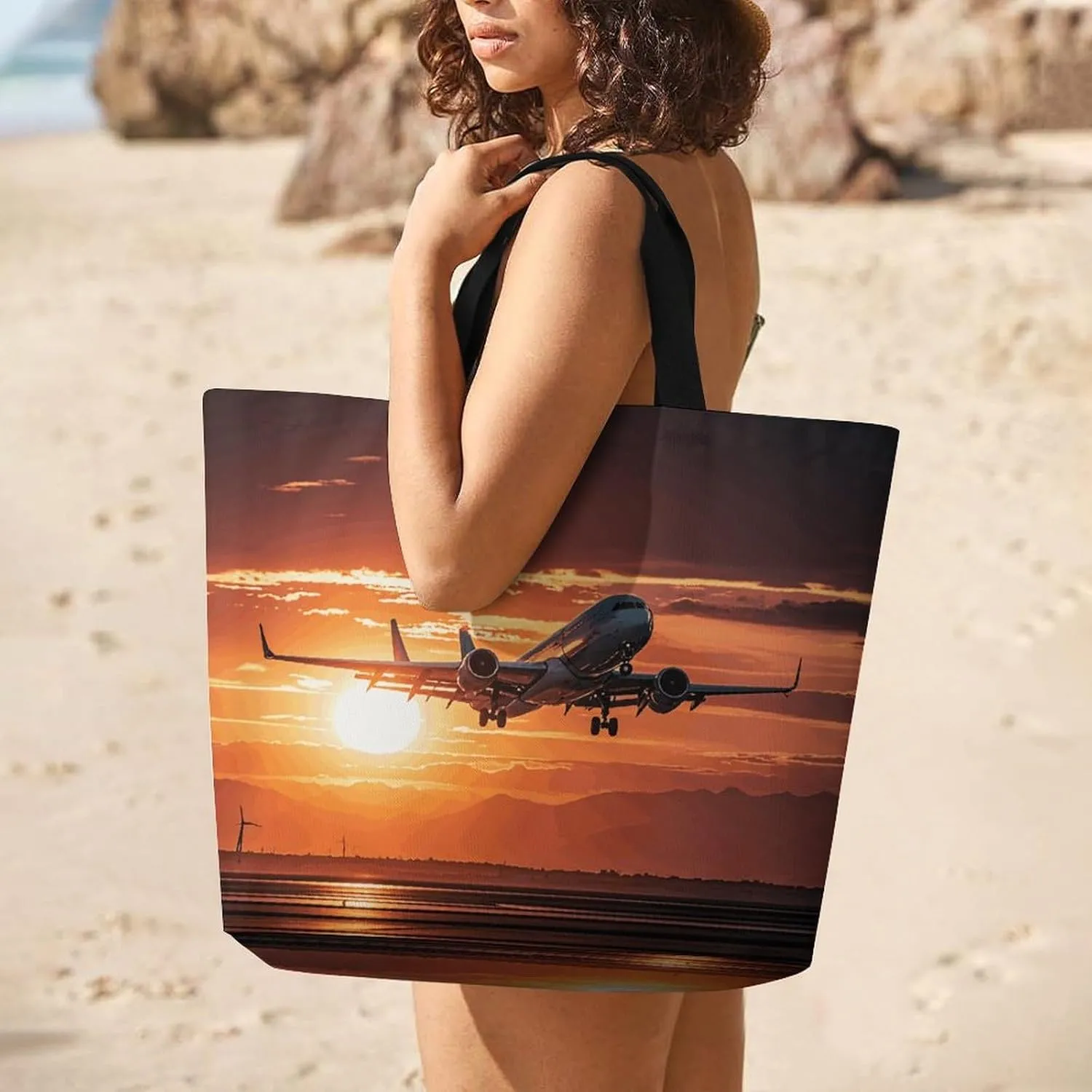 Sunset Dolphin Tote Bag for Women Reusable Grocery Shoulder Bags Shopping Bag for Travel, Groceries