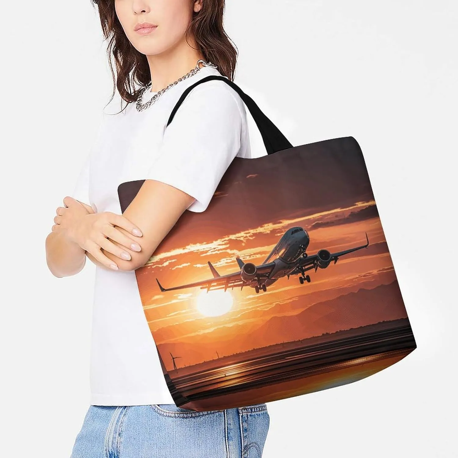 Sunset Dolphin Tote Bag for Women Reusable Grocery Shoulder Bags Shopping Bag for Travel, Groceries