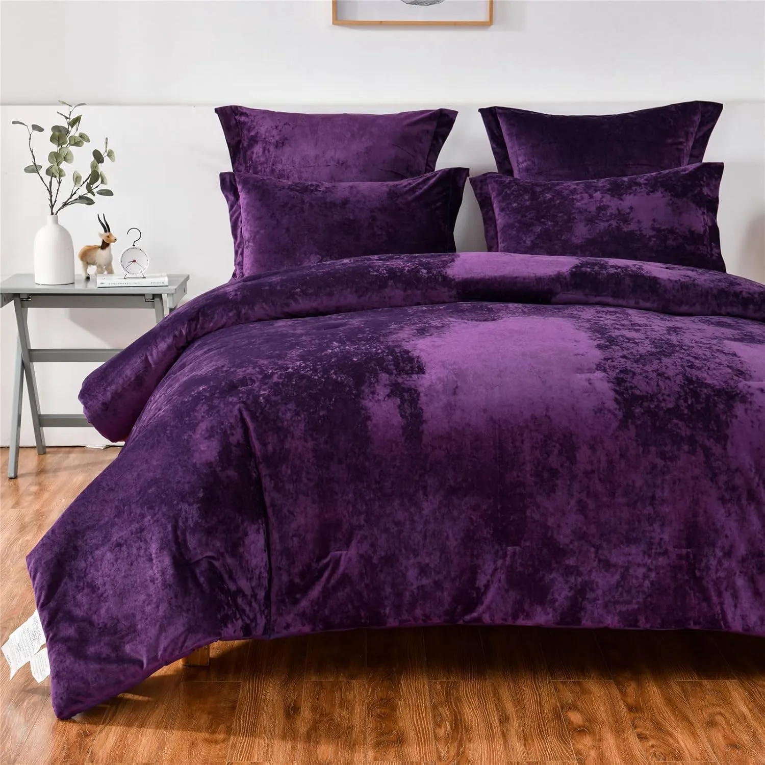 Sunshine Nicole Distressed Velvet Comforter Set, Distressed Velvet Face and Brushed Solid Microfiber Reverse, with Light Weight Soft Poly Fill, 5 Pieces Purple, Queen