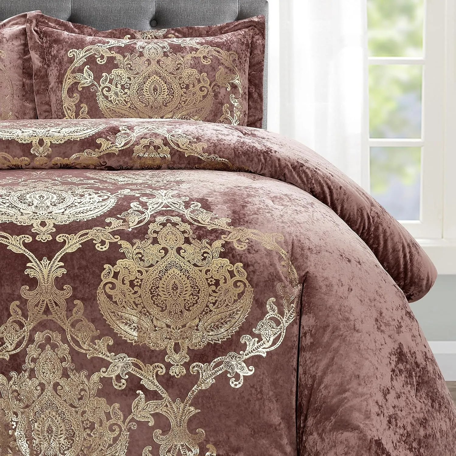 Sunshine Nicole Metallic Print Comforter Set, Distressed Velvet Face with Metallic Foil Print and Brushed Solid Microfiber Reverse, with Light Weight Soft Poly Fill, 3 Pieces Dusty Mauve Gold, King
