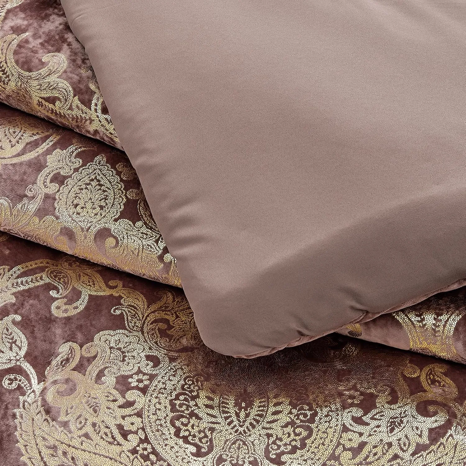 Sunshine Nicole Metallic Print Comforter Set, Distressed Velvet Face with Metallic Foil Print and Brushed Solid Microfiber Reverse, with Light Weight Soft Poly Fill, 3 Pieces Dusty Mauve Gold, King