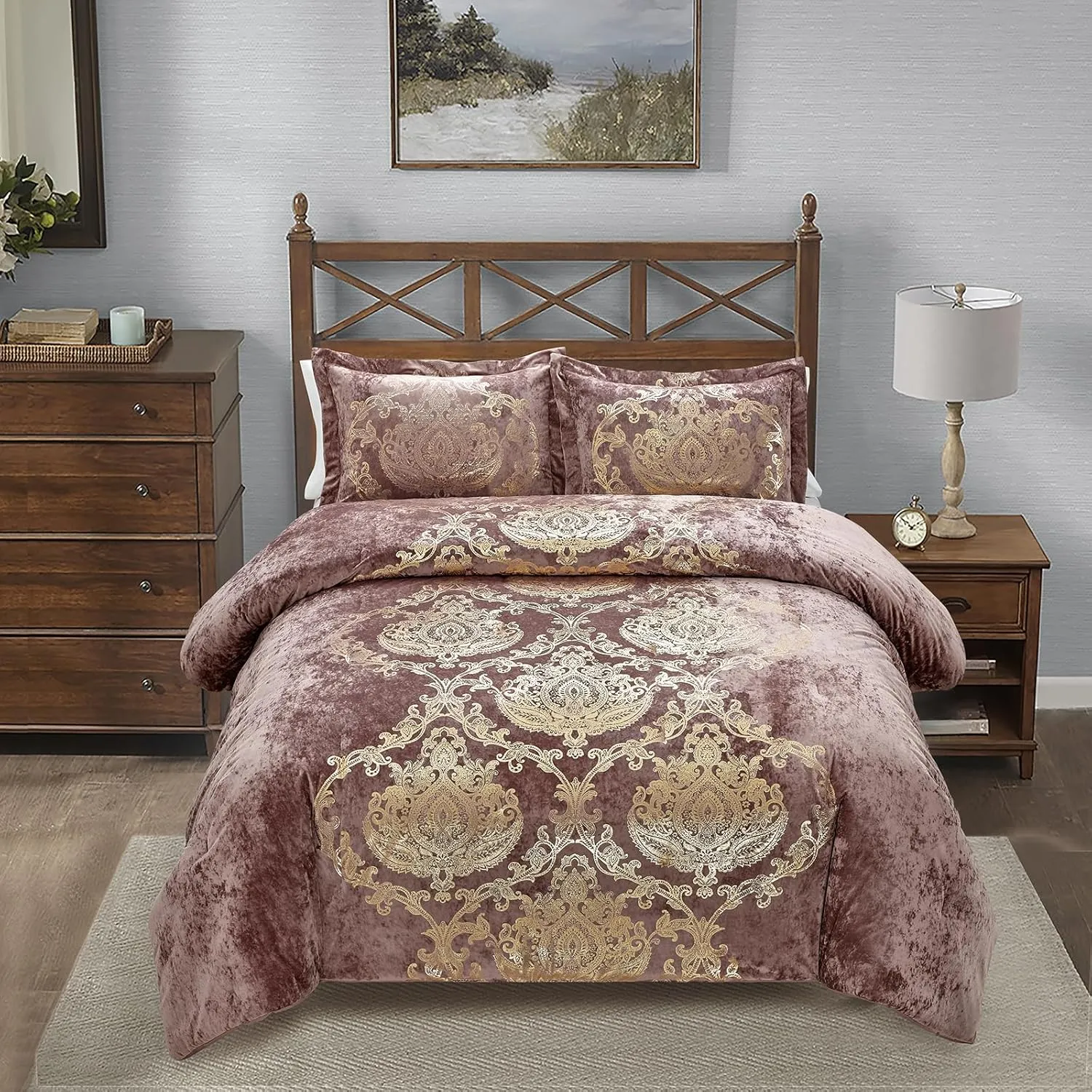 Sunshine Nicole Metallic Print Comforter Set, Distressed Velvet Face with Metallic Foil Print and Brushed Solid Microfiber Reverse, with Light Weight Soft Poly Fill, 3 Pieces Dusty Mauve Gold, King