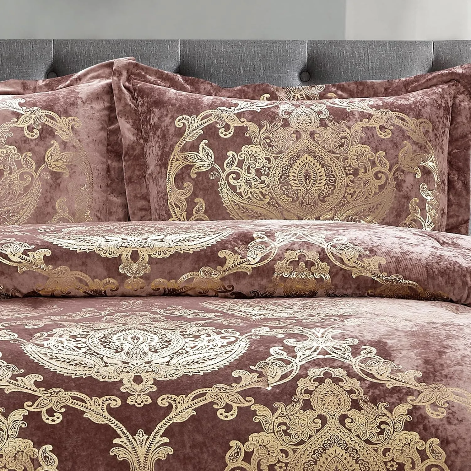 Sunshine Nicole Metallic Print Comforter Set, Distressed Velvet Face with Metallic Foil Print and Brushed Solid Microfiber Reverse, with Light Weight Soft Poly Fill, 3 Pieces Dusty Mauve Gold, King