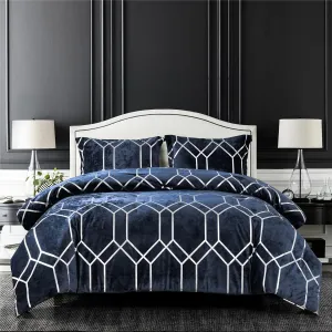 Sunshine Nicole Metallic Print Comforter Set, Distressed Velvet Face with Metallic Print and Brushed Solid Microfiber Reverse, with Light Weight Soft Poly Fill, 3 Pieces Navy Silver, King