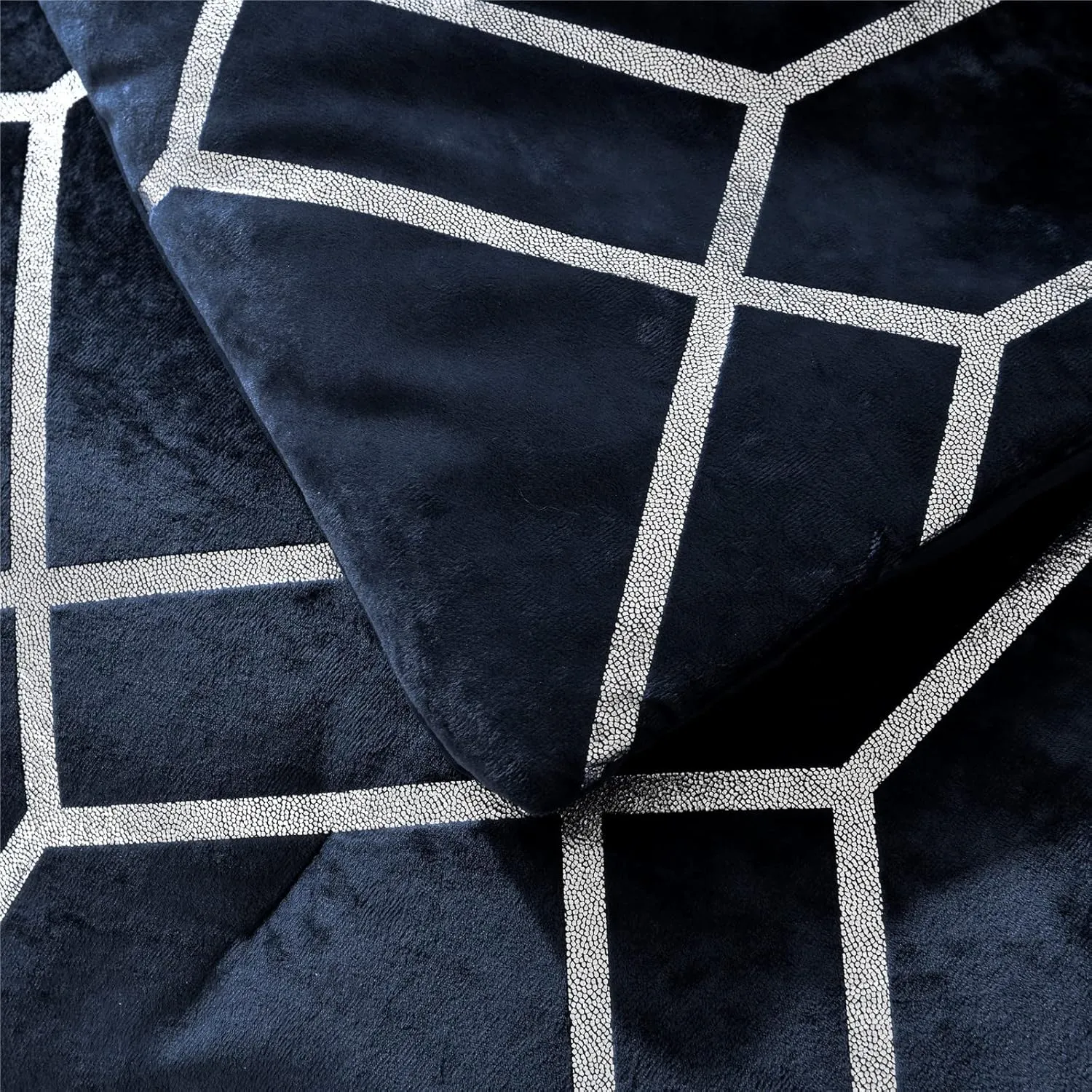 Sunshine Nicole Metallic Print Comforter Set, Distressed Velvet Face with Metallic Print and Brushed Solid Microfiber Reverse, with Light Weight Soft Poly Fill, 3 Pieces Navy Silver, King