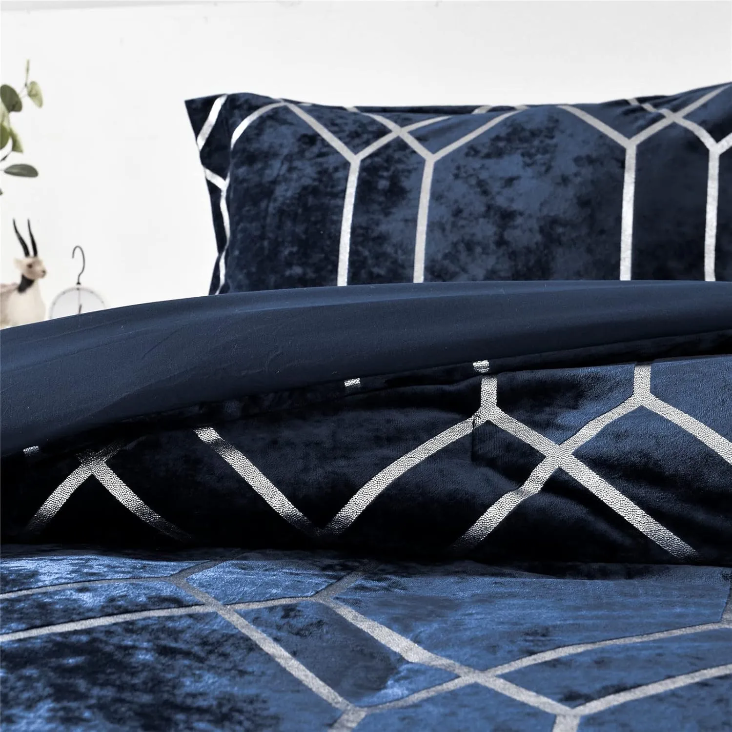 Sunshine Nicole Metallic Print Comforter Set, Distressed Velvet Face with Metallic Print and Brushed Solid Microfiber Reverse, with Light Weight Soft Poly Fill, 3 Pieces Navy Silver, King