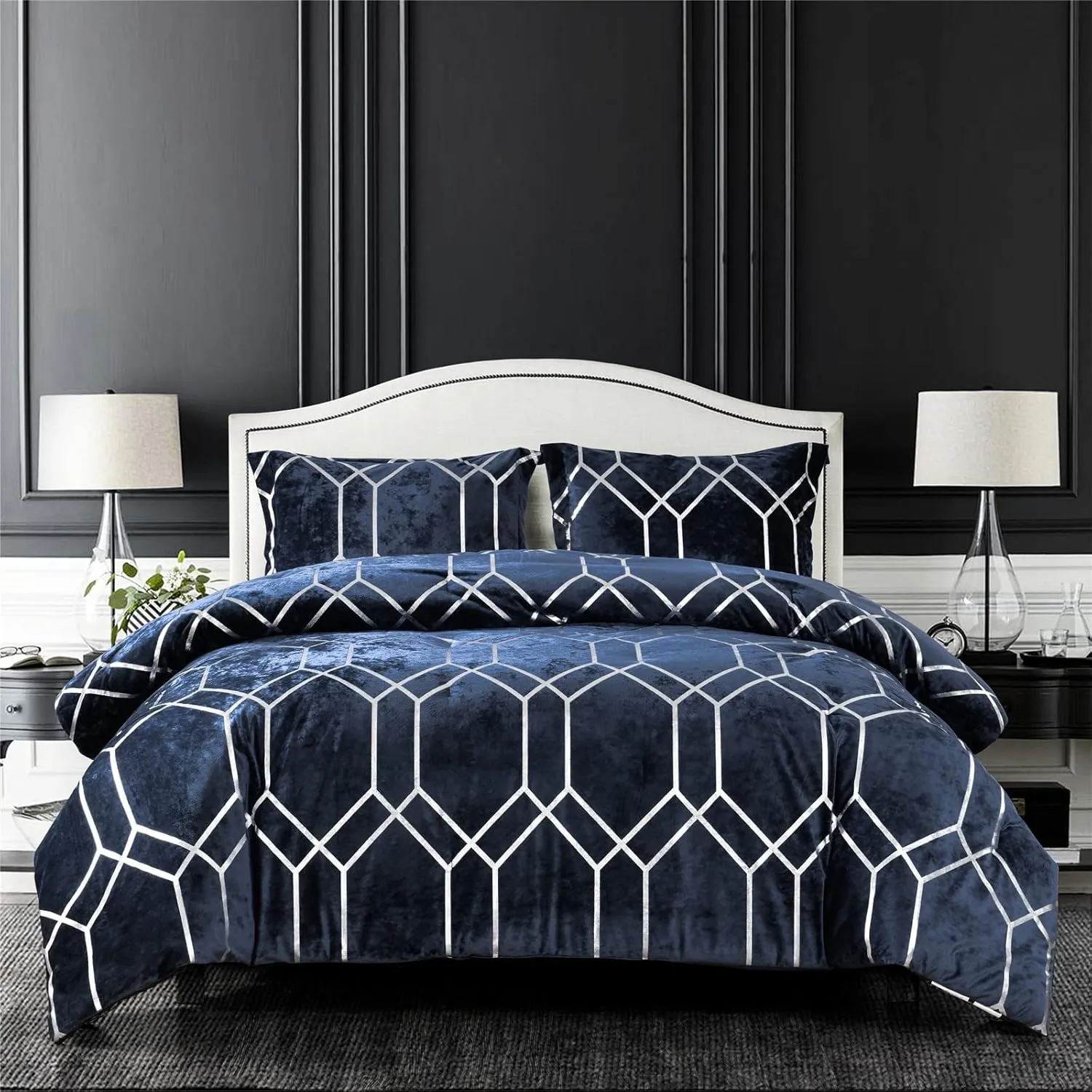 Sunshine Nicole Metallic Print Comforter Set, Distressed Velvet Face with Metallic Print and Brushed Solid Microfiber Reverse, with Light Weight Soft Poly Fill, 3 Pieces Navy Silver, King