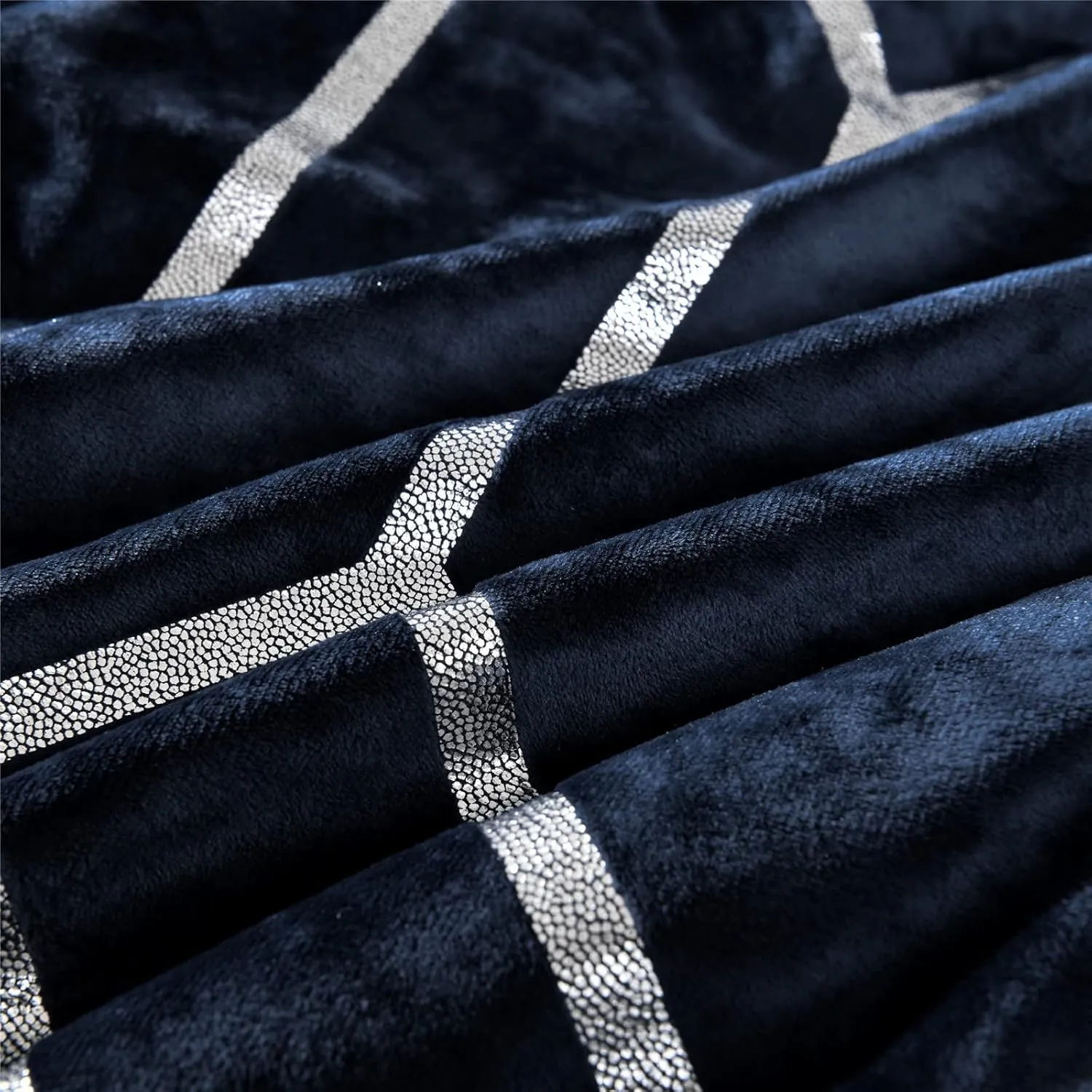 Sunshine Nicole Metallic Print Comforter Set, Distressed Velvet Face with Metallic Print and Brushed Solid Microfiber Reverse, with Light Weight Soft Poly Fill, 3 Pieces Navy Silver, King