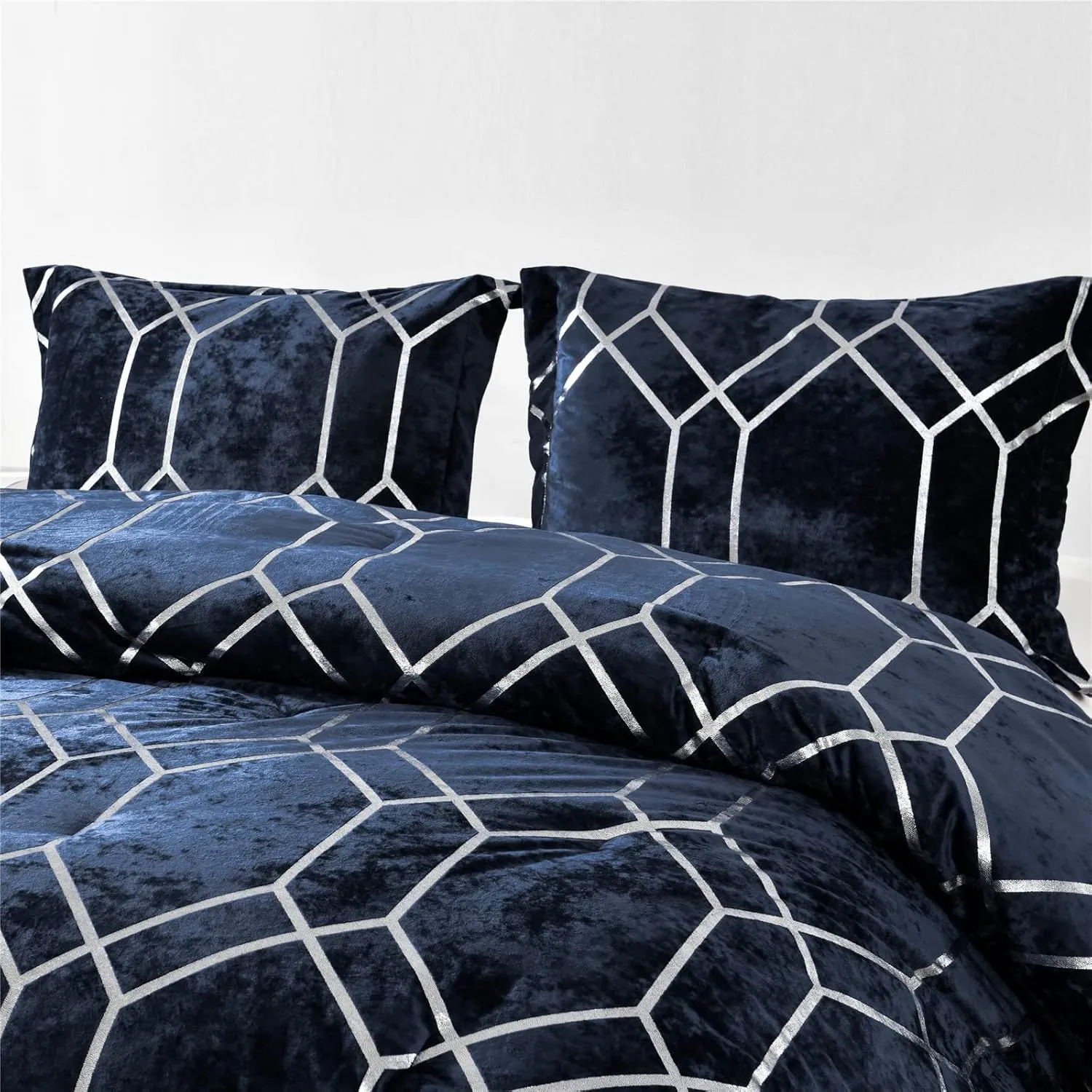 Sunshine Nicole Metallic Print Comforter Set, Distressed Velvet Face with Metallic Print and Brushed Solid Microfiber Reverse, with Light Weight Soft Poly Fill, 3 Pieces Navy Silver, King