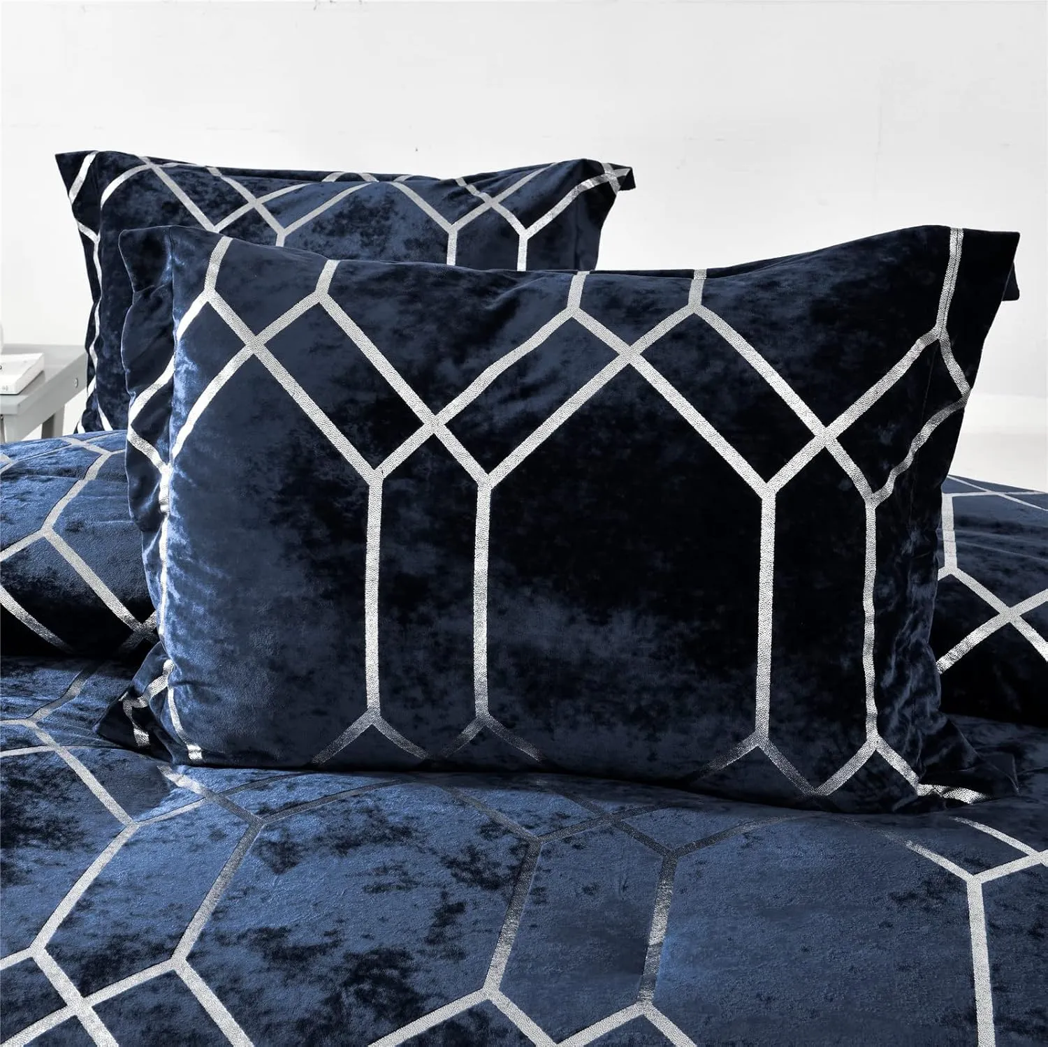 Sunshine Nicole Metallic Print Comforter Set, Distressed Velvet Face with Metallic Print and Brushed Solid Microfiber Reverse, with Light Weight Soft Poly Fill, 3 Pieces Navy Silver, King