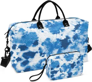 susiyo Blue Indigo Ink Expandable Travel Duffle Bag, Large Weekender Overnight Bags and Adjustable Strap, Carry On Shoulder Tote Bag, Gym Duffel Bag with Toiletry Bags for Hospital