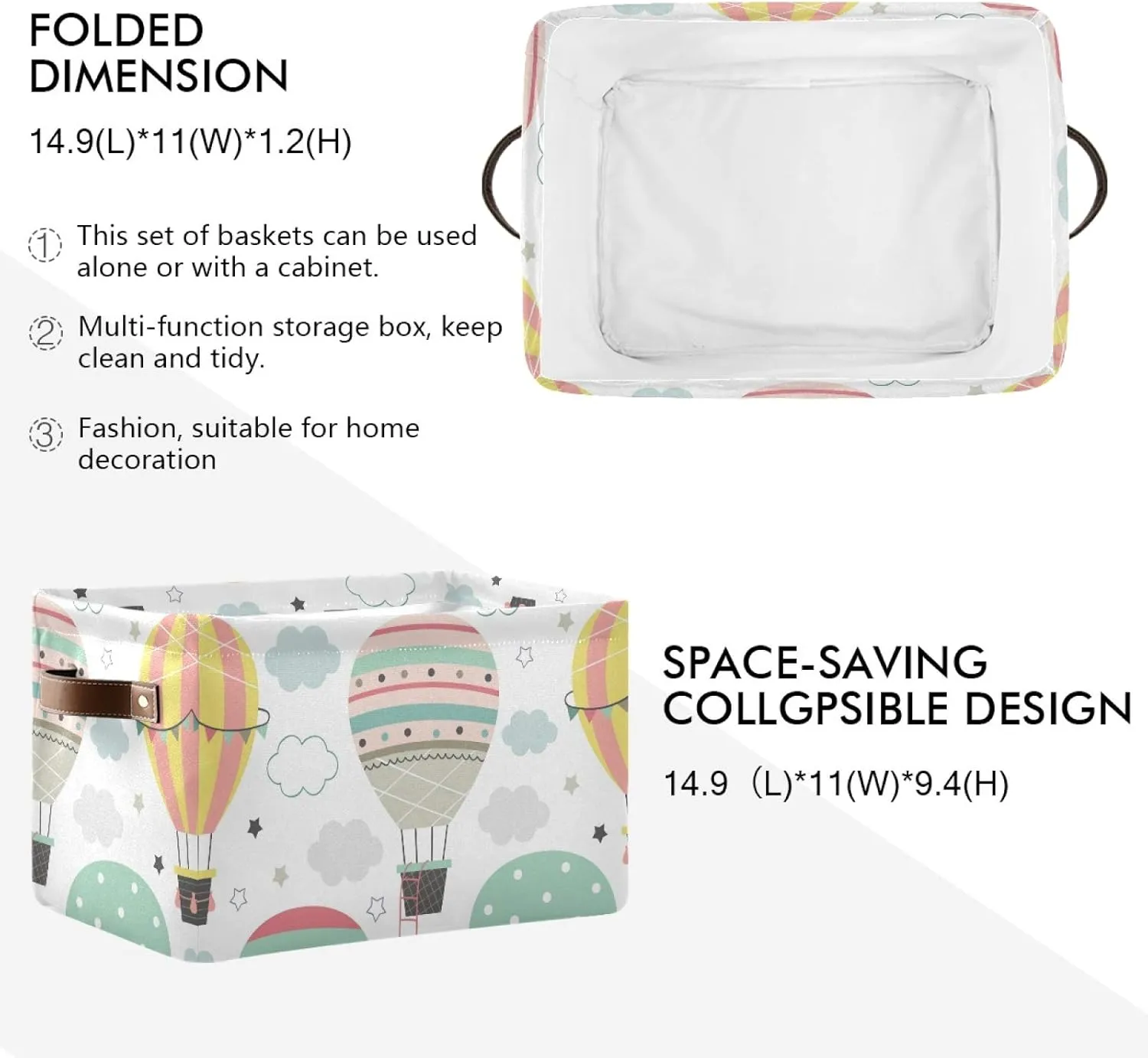 susiyo Large Foldable Storage Bin Hot Air Balloon Flying Fabric Storage Baskets Collapsible Decorative Baskets Organizing Basket Bin with PU Handles for Shelves Home Closet Bedroom Living Room-2Pack