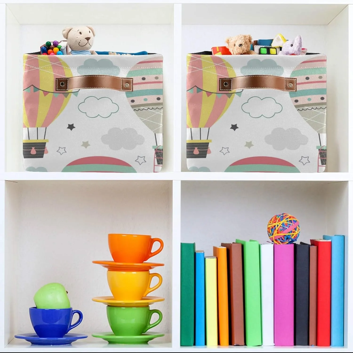 susiyo Large Foldable Storage Bin Hot Air Balloon Flying Fabric Storage Baskets Collapsible Decorative Baskets Organizing Basket Bin with PU Handles for Shelves Home Closet Bedroom Living Room-2Pack