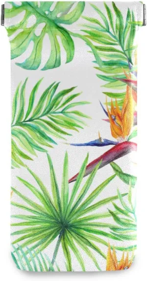 susiyo Tropical Leaves and Exotic Flowers Sunglass Case, Squeeze Top Sunglass Pouch - Portable Sunglass Organizer Pouch Bags Soft PU Leather Glasses for Men Women Girs
