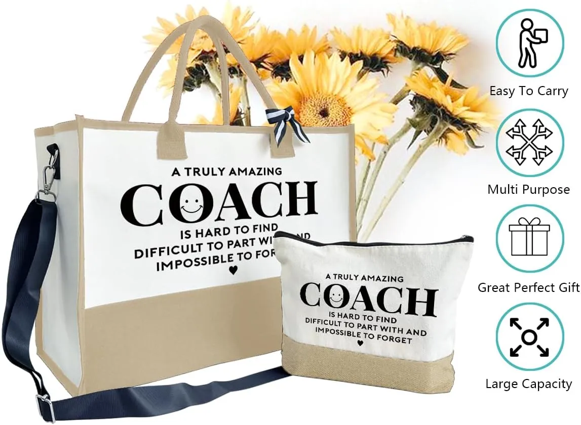 SUSZDOU Amazing Coach Tote Bag, Women's Canvas Handbags, Shoulder Beach Bag, Thank You Gift for Female Coach, Gifts for Female Coaches, Canvas Tote Bag With Zipper, Makeup Bag F1