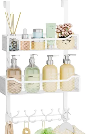 SWTYMIKI Heavy Duty Over The Door Organizer with 16 Hooks & 2 Mesh Baskets - Over The Door Hooks Hanger for Towels, Coats, Clothes - Space Saving Hanging Rack for Bathroom, Living Room, White